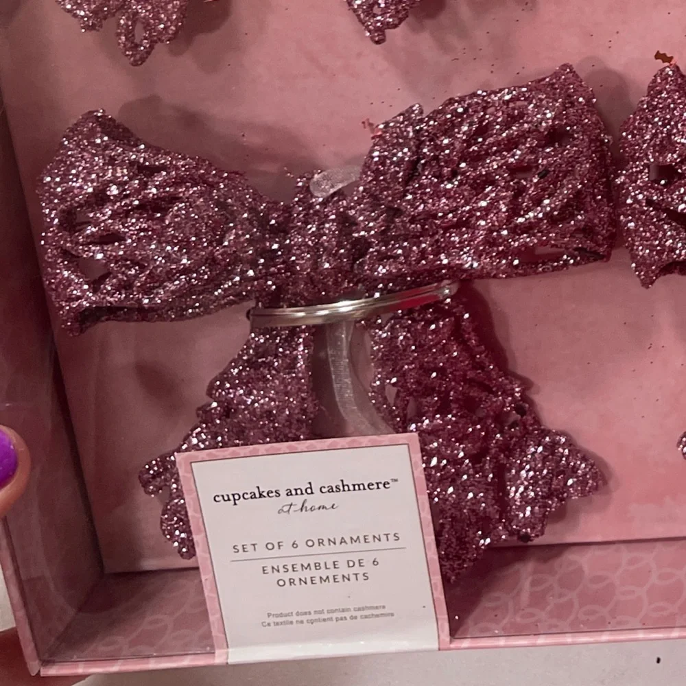 Pink Christmas Bow Ribbon Tree Ornaments, set of 6 Cupcakes & Cashmere NWT